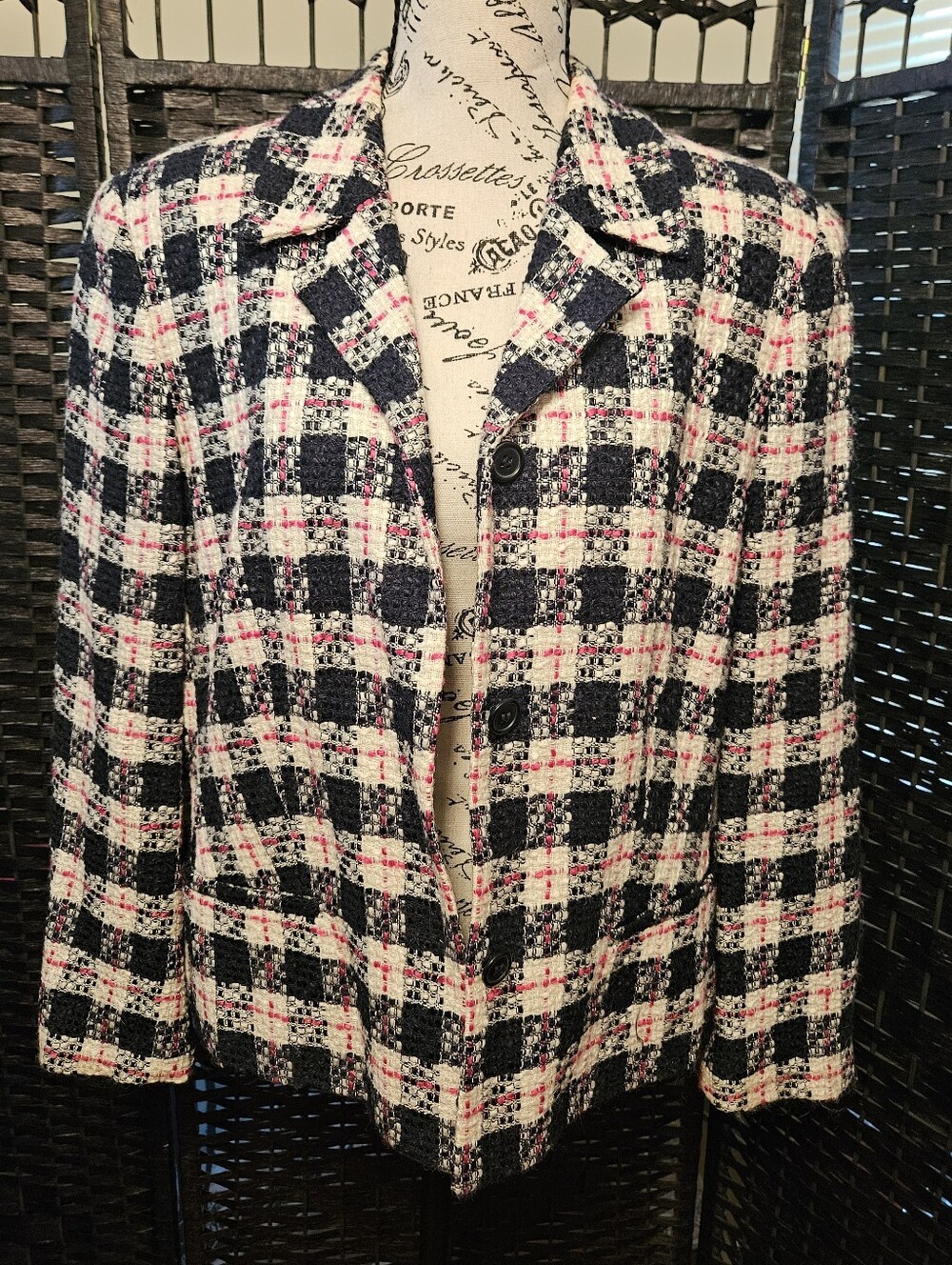 Jones New York Black, White & Pink Plaid Tweed Blazer